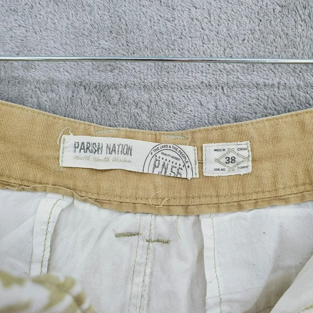 Parish Nation Mens Bermuda Shorts 38 Tan Cream Ikat Print Button Fly Retro 90s